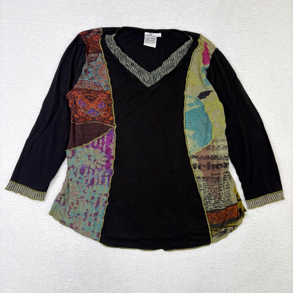 Parsley & Sage Black Patchwork Top Women's Small Black Green Multi Art Boho Y2K